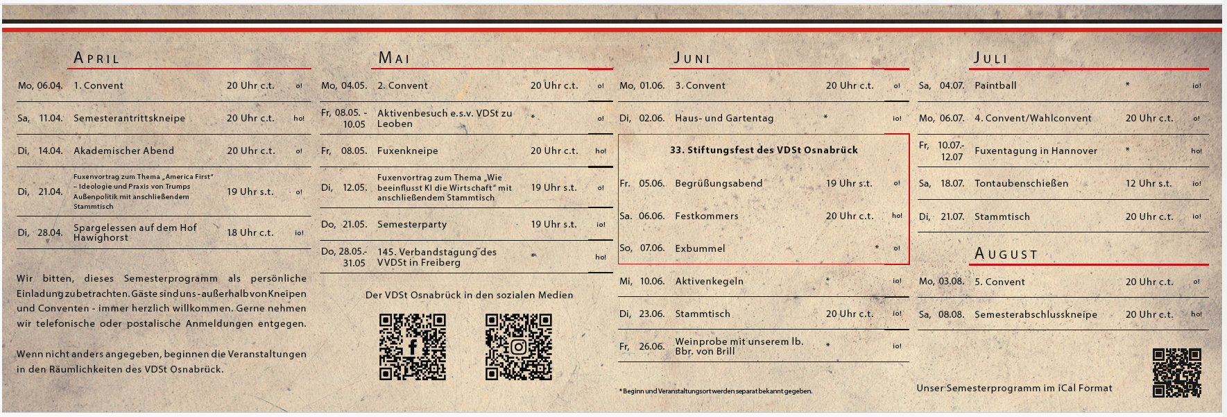 Semesterprogramm des VDSt Osnabrück für das Sommersemester 2026